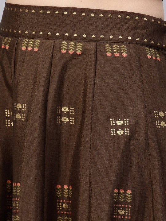 W Brown & Golden Printed Crop Top with Skirt &amp; Ethnic Jacket W