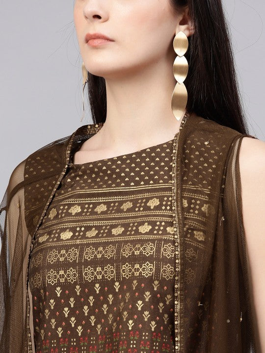 W Brown & Golden Printed Crop Top with Skirt &amp; Ethnic Jacket W