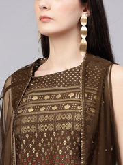 W Brown & Golden Printed Crop Top with Skirt &amp; Ethnic Jacket W