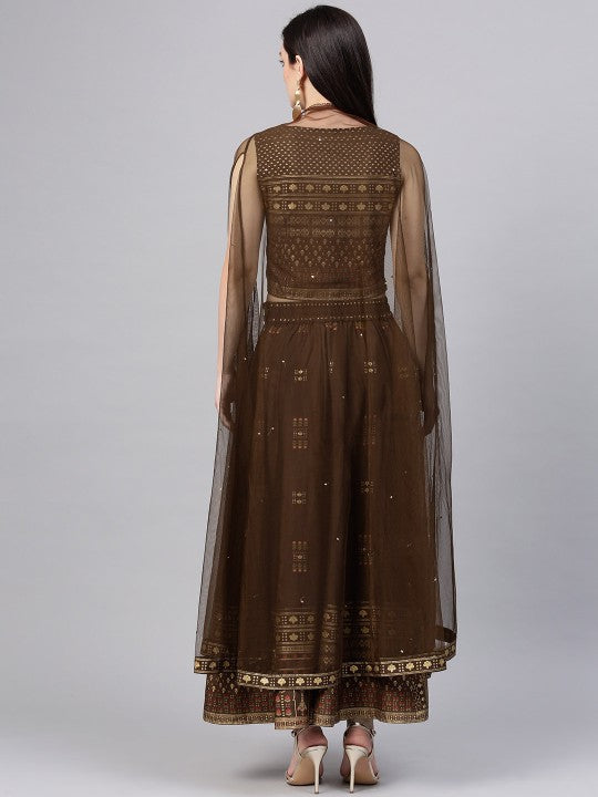 W Brown & Golden Printed Crop Top with Skirt &amp; Ethnic Jacket W