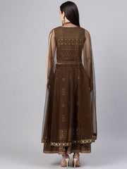 W Brown & Golden Printed Crop Top with Skirt &amp; Ethnic Jacket W