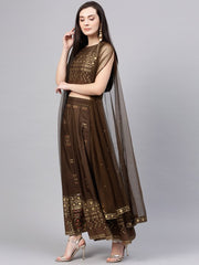 W Women Brown & Golden Printed Crop Top with Skirt & Ethnic Jacket, fusion ethnic styling in rich tones.