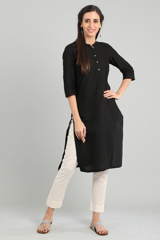 AURELIA Black Band Collar Solid Kurta, sleek band collar design with a classic solid color.
