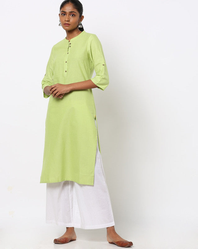 AURELIA Straight Cotton Kurta with Mandarin Collar in Green, a breathable cotton ethnic essential.