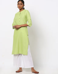 AURELIA Straight Cotton Kurta with Mandarin Collar in Green, a breathable cotton ethnic essential.