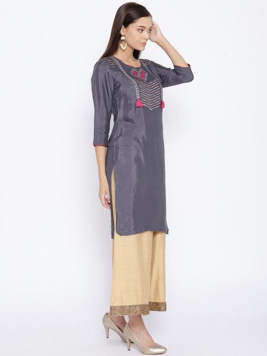 Women Charcoal Grey Yoke Design Straight Kurta AURELIA