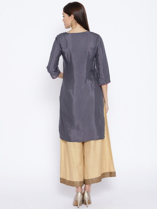 Women Charcoal Grey Yoke Design Straight Kurta AURELIA