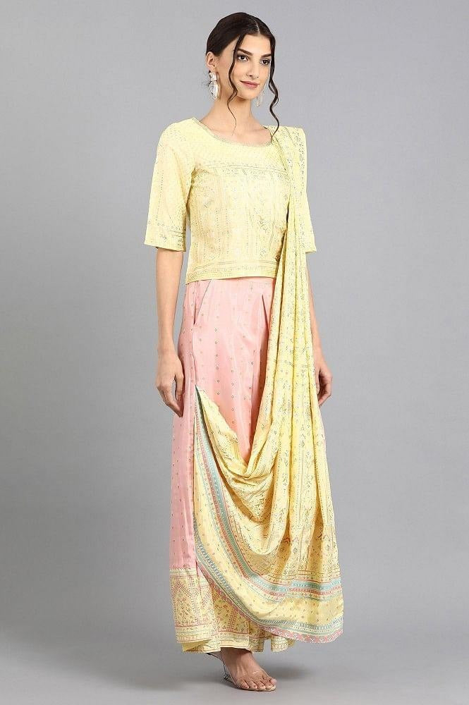 Woman Yellow Round Neck Ethnic Set W for Woman