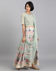Sage Green Embroidered Top with Skirt and Drape Dupatta W for Women's