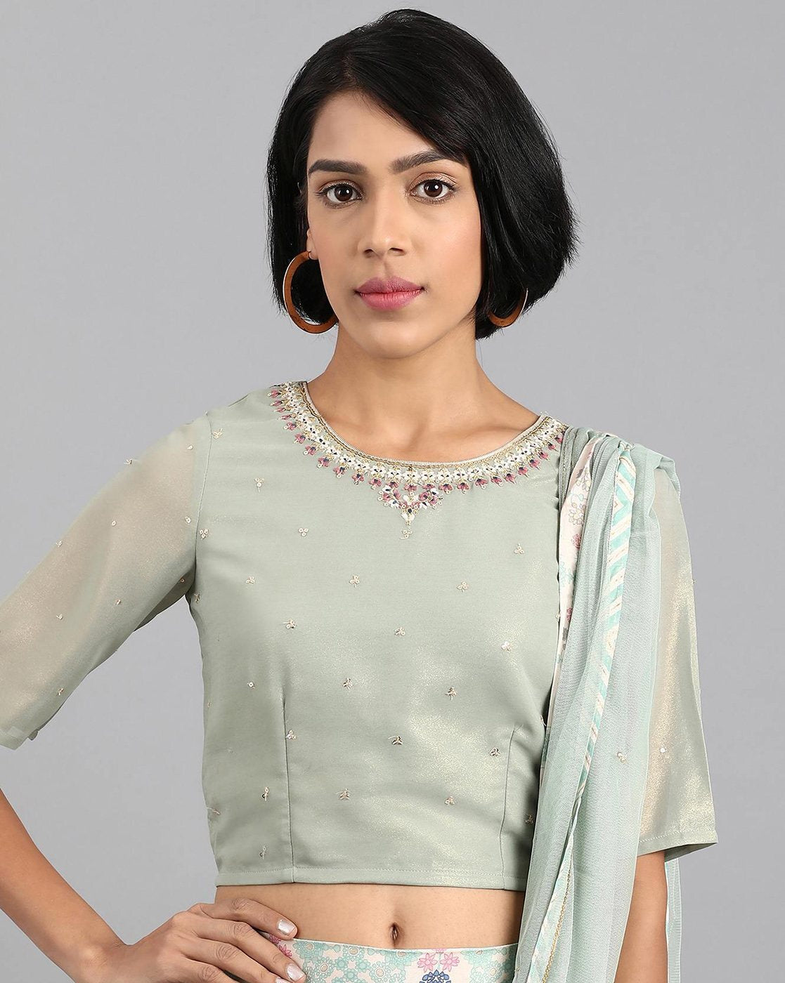 Sage Green Embroidered Top with Skirt and Drape Dupatta W for Women's
