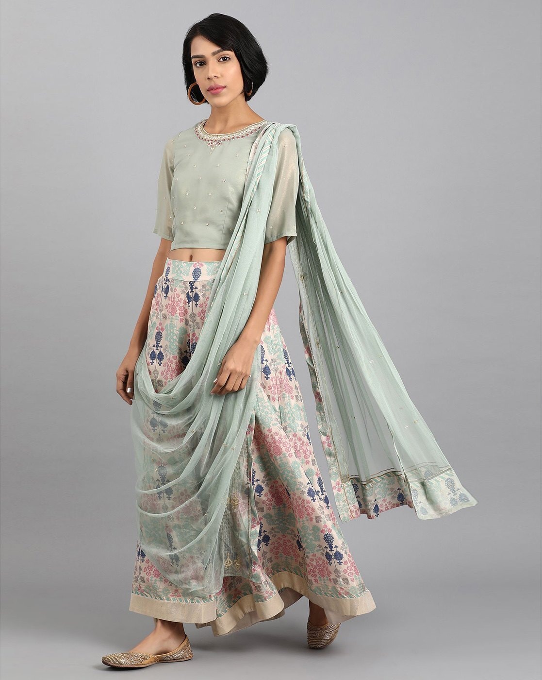 Sage Green Embroidered Top with Skirt and Drape Dupatta W for Women's