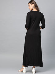 Black A-line Maxi Dress with Embroidered Yoke AURELIA