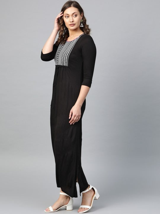 Black A-line Maxi Dress with Embroidered Yoke AURELIA