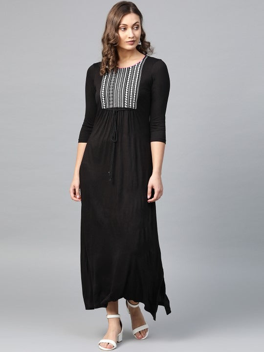 Black A-line Maxi Dress with Embroidered Yoke AURELIA