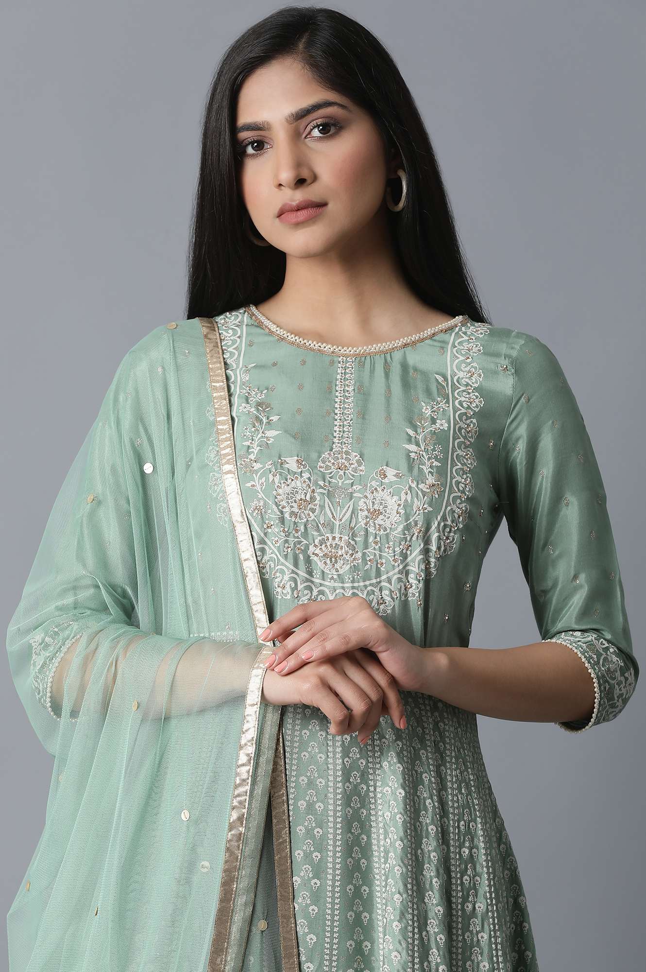 Light Green Flared Dress-Drape (Without Dupatta) WISHFUL