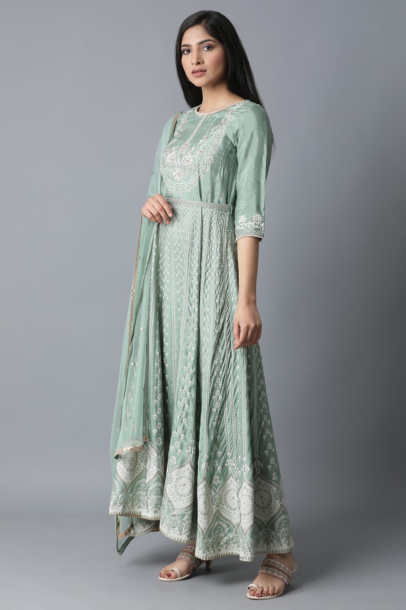 Light Green Flared Dress-Drape (Without Dupatta) WISHFUL