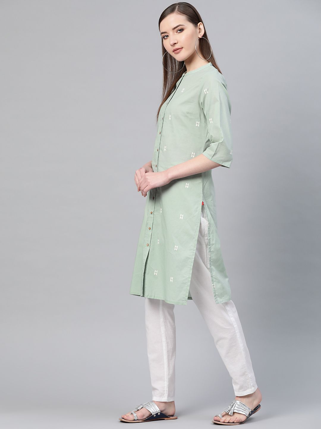 Women Green & Off-White Printed Pure Cotton Straight Kurta W for Women's