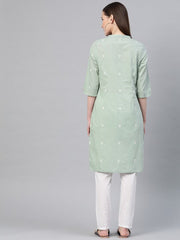 Women Green & Off-White Printed Pure Cotton Straight Kurta W for Women's