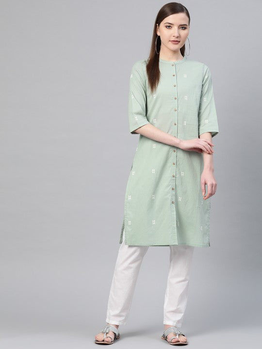 Women Green & Off-White Printed Pure Cotton Straight Kurta W for Women's