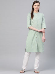 Women Green & Off-White Printed Pure Cotton Straight Kurta W for Women's
