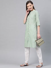 Women Green & Off-White Printed Pure Cotton Straight Kurta W for Women's