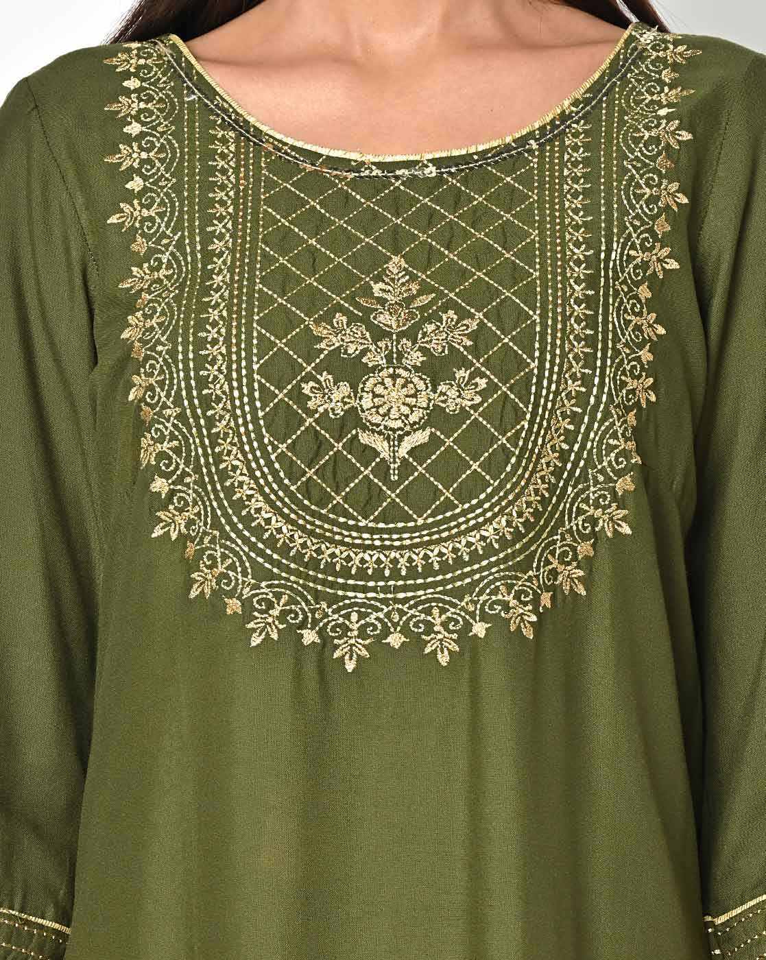Embroidered Olive Straight Kurta AURELIA