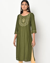 AURELIA Embroidered Straight Kurta in Olive, elegant ethnic piece with delicate embroidered details.