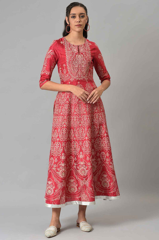 W Maroon Floral Printed Flared Shantung Festive Dress, lightweight festive wear with flared silhouette.