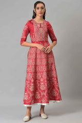 W Maroon Floral Printed Flared Shantung Festive Dress, lightweight festive wear with flared silhouette.