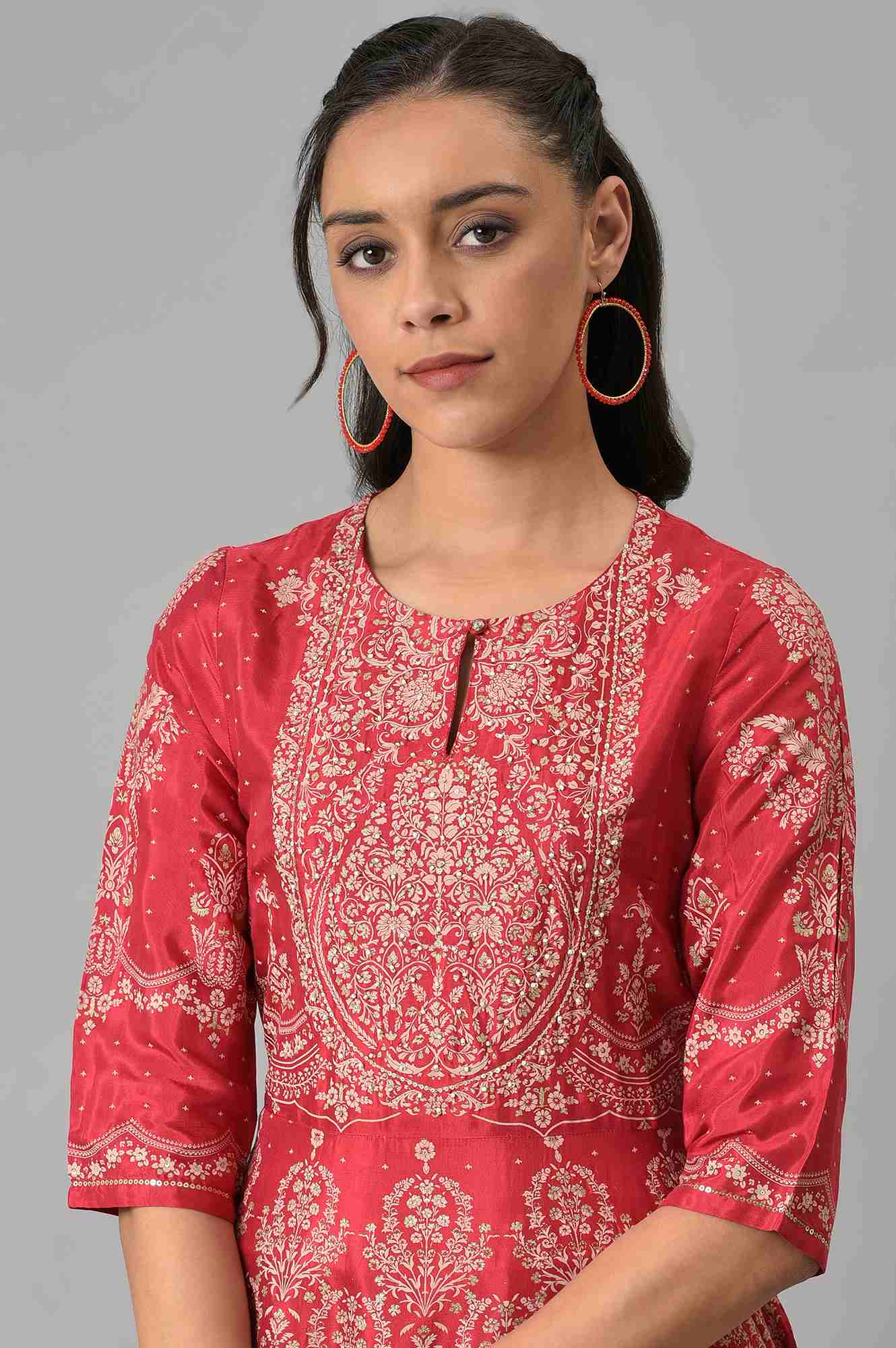 Maroon Floral Printed Flared Shantung Festive Dress W for Women's