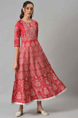 Maroon Floral Printed Flared Shantung Festive Dress W for Women's