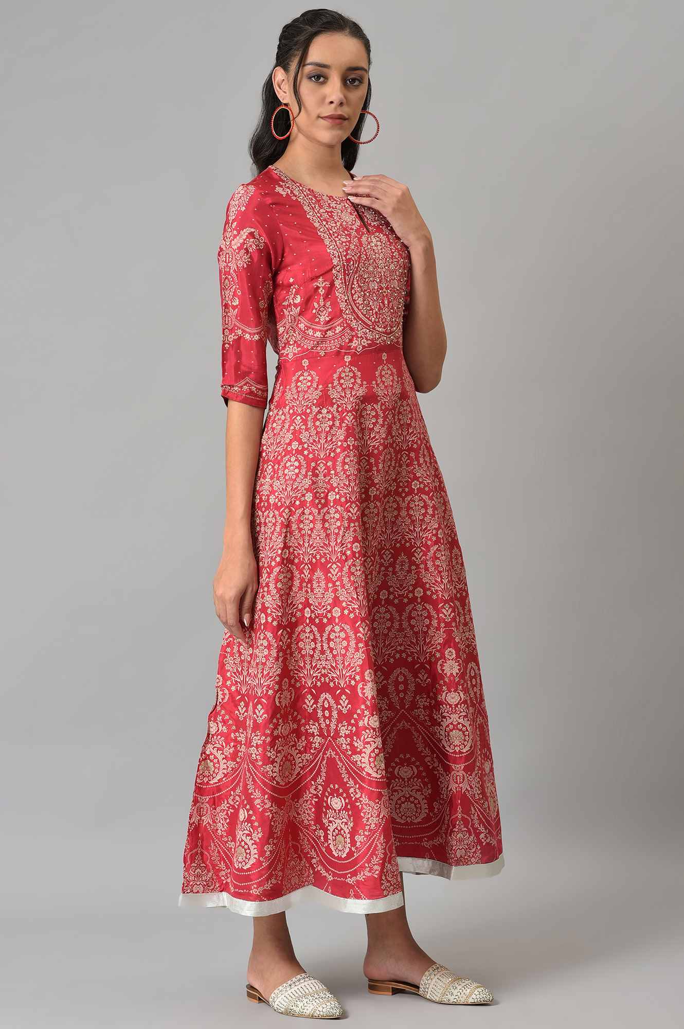 Maroon Floral Printed Flared Shantung Festive Dress W for Women's
