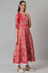 Maroon Floral Printed Flared Shantung Festive Dress W for Women's