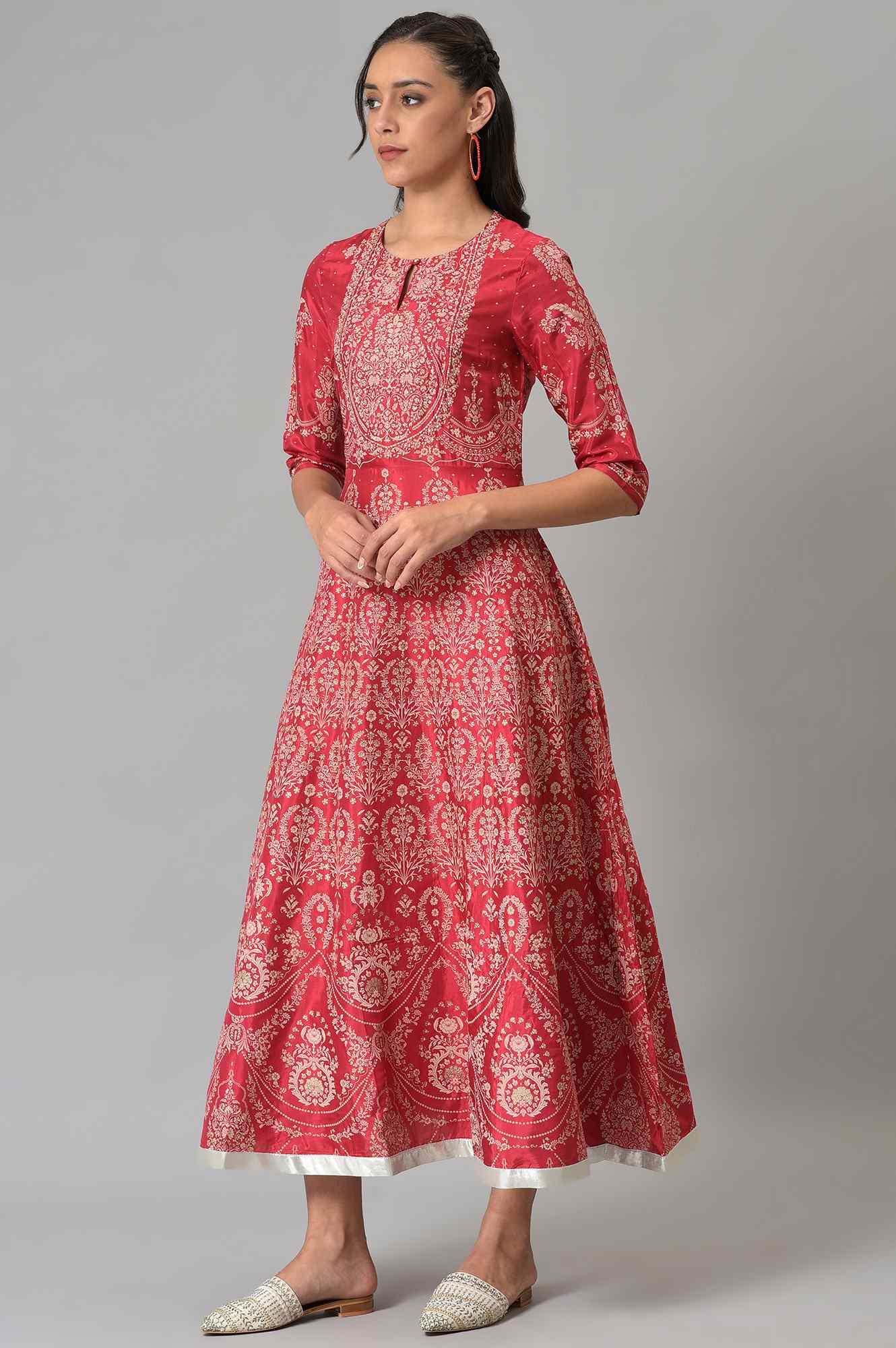 Maroon Floral Printed Flared Shantung Festive Dress W for Women's