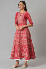 Maroon Floral Printed Flared Shantung Festive Dress W for Women's