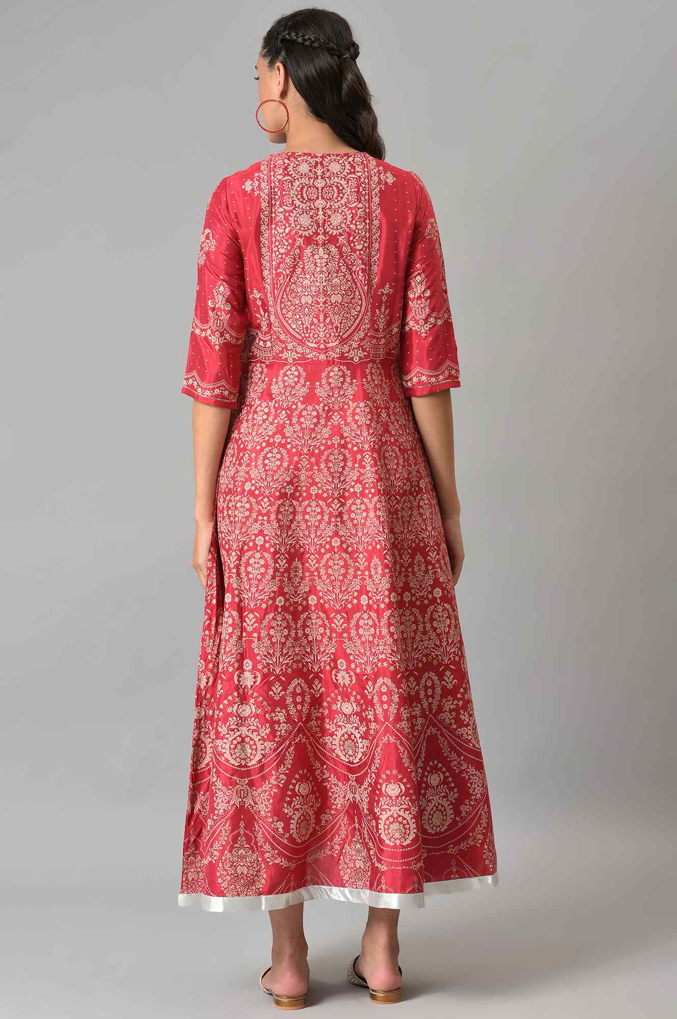 Maroon Floral Printed Flared Shantung Festive Dress W for Women's