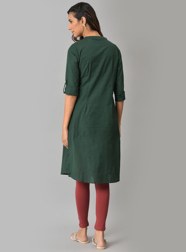 Women GREEN Solid Band Collar Straight Kurta W for Women's