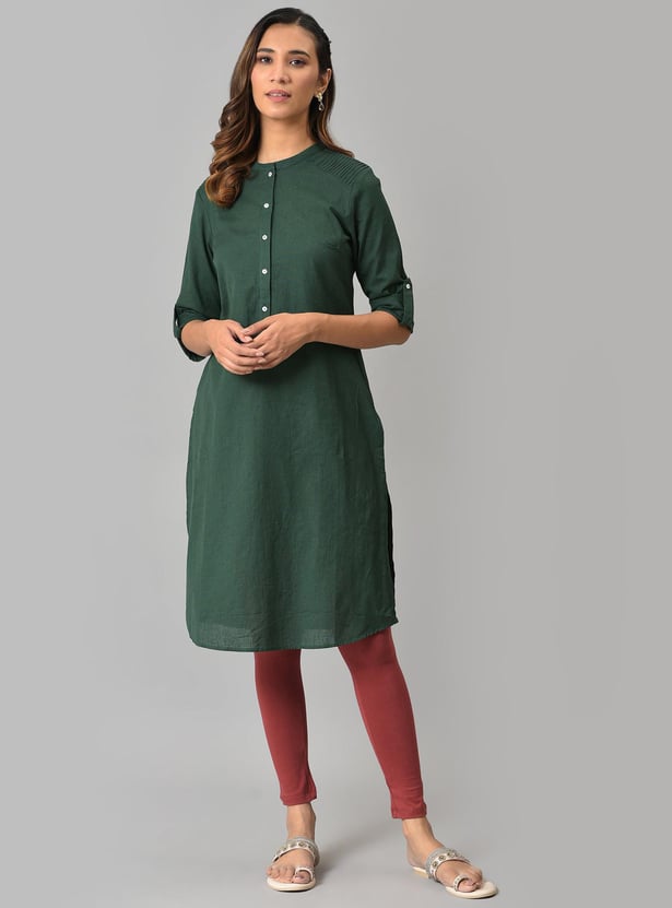 Women GREEN Solid Band Collar Straight Kurta W for Women's