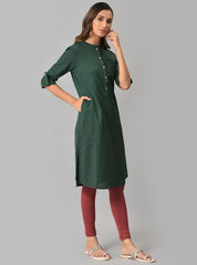 Women GREEN Solid Band Collar Straight Kurta W for Women's