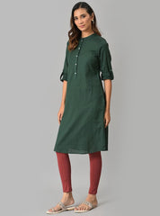 Women GREEN Solid Band Collar Straight Kurta W for Women's