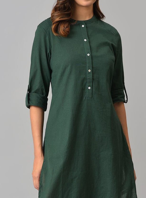 Women GREEN Solid Band Collar Straight Kurta W for Women's