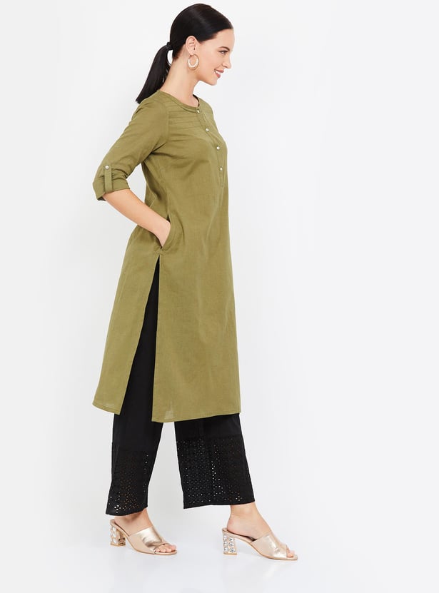 Solid Green Three-quarter Sleeves Kurta W for Women's