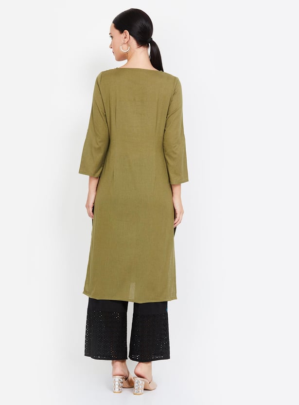 Solid Green Three-quarter Sleeves Kurta W for Women's
