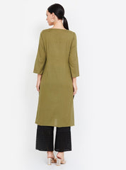 Solid Green Three-quarter Sleeves Kurta W for Women's
