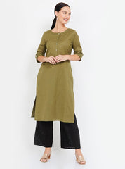 Solid Green Three-quarter Sleeves Kurta W for Women's