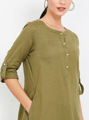 Solid Green Three-quarter Sleeves Kurta W for Women's