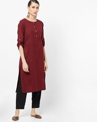 W Straight Kurta with Roll-Up Sleeves in Maroon, classic fit with a versatile sleeve detail.