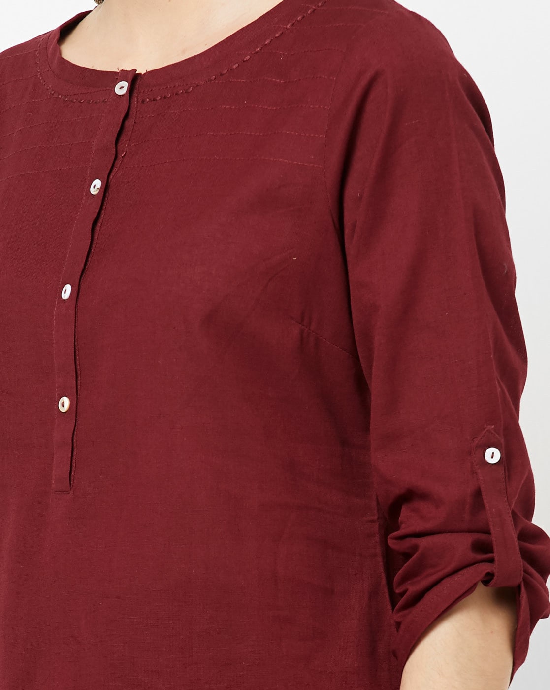 W Maroon Straight Kurta with Roll-Up Sleeves W