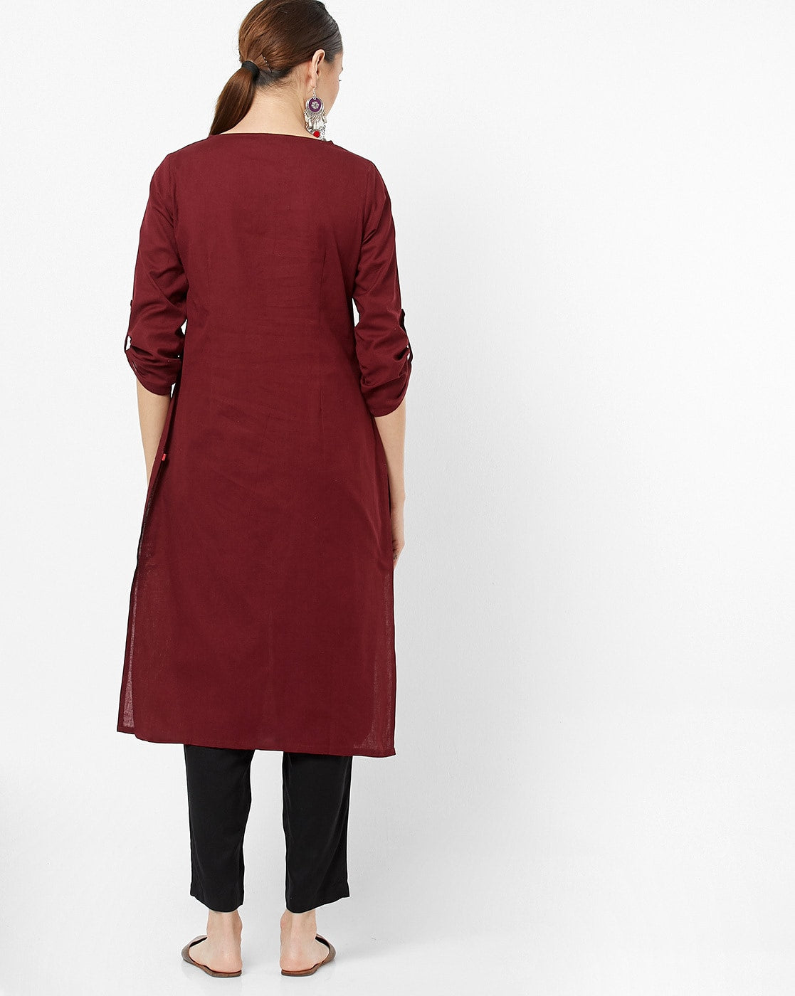 W Maroon Straight Kurta with Roll-Up Sleeves W