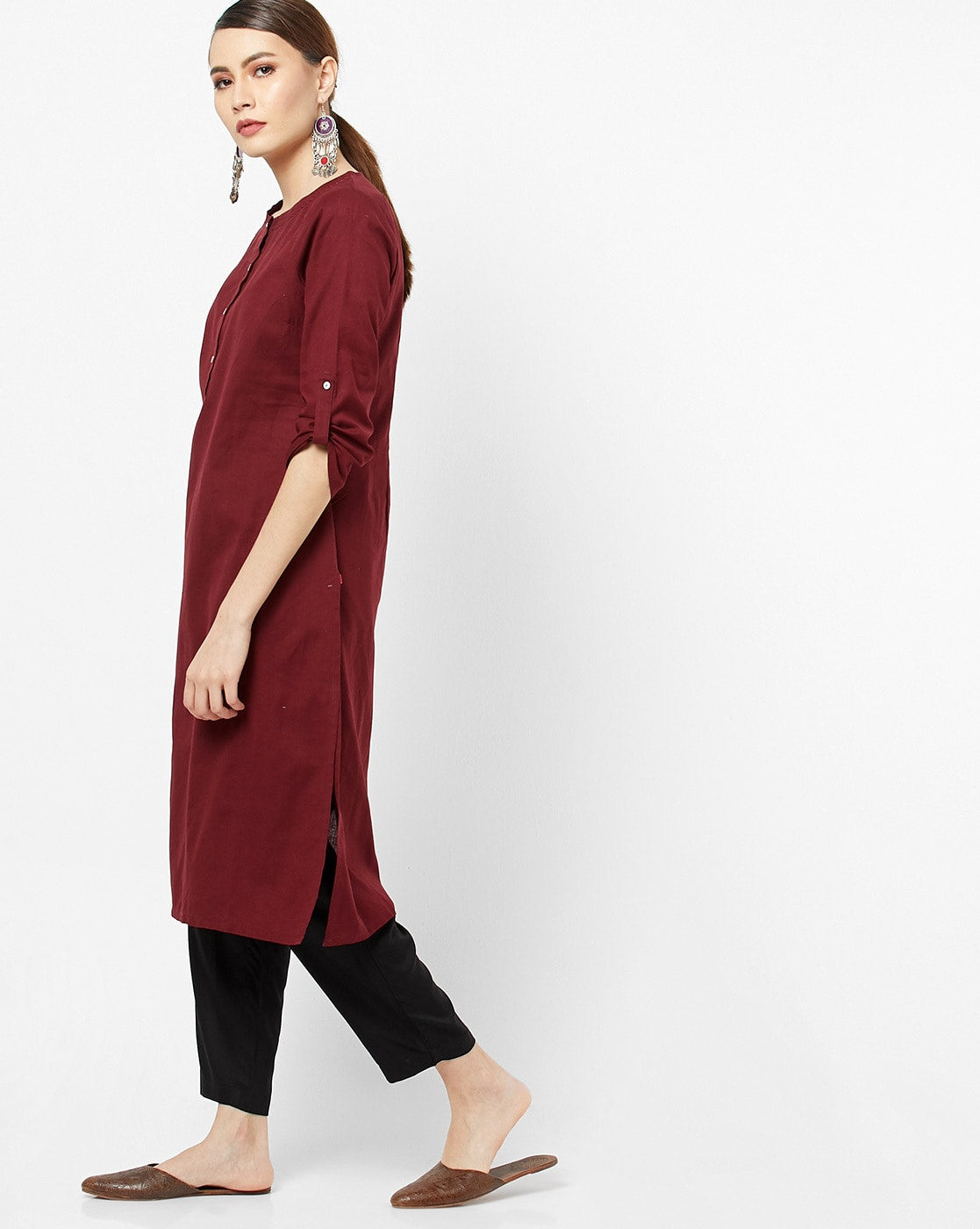 W Maroon Straight Kurta with Roll-Up Sleeves W